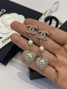 Chanel CC Crystals Heart Pendant Earrings 