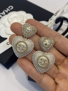 Chanel CC Crystals Heart Pendant Earrings 