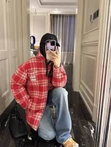 Essenceofluxury Womens Clothing Miu Miu Check Plaid Down Jacket Red SML A155PP880 AA201576