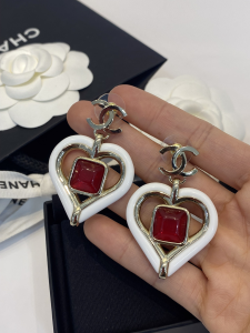 Chanel CC Logo White Heart Earrings 