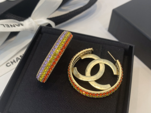 Chanel Gold CC Logo Rainbow Diamonds Earrings 