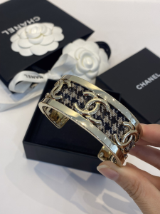 Chanel Gold CC Logo Tweed Cuff Bracelets 
