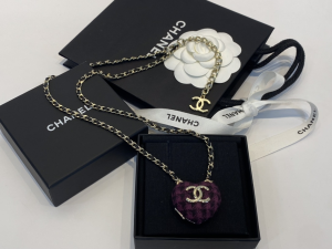 Chanel CC Logo Tweed Heart Pendant Necklaces 