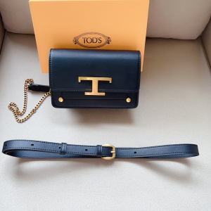 Tods T Timeless Belt Bag Black Leather Micro Metal Shoulder Strap Tods T Timeless Belt Bag Black Leather Micro Metal Shoulder Strap