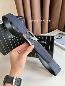 Zegna Logo Leather Belt Blue Black 35MM