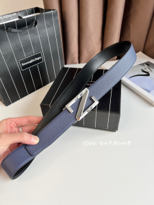 Zegna Logo Leather Belt Blue Black 35MM