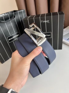 Zegna Logo Leather Belt Blue Black 35MM