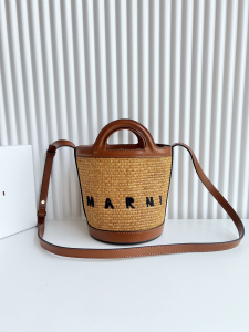Marni TROPICALIA Mini Raffia Leather Bucket Bag Brown Marni TROPICALIA Mini Raffia Leather Bucket Bag Brown
