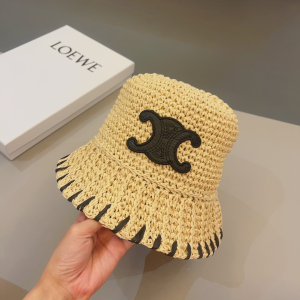 Celine Triomphe Beige Raffia Bucket Hat
