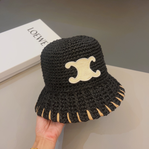 Celine Triomphe Black Raffia Bucket Hat