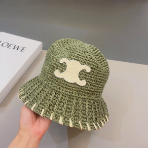 Celine Triomphe Green Raffia Bucket Hat