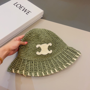 Celine Triomphe Green Raffia Bucket Hat