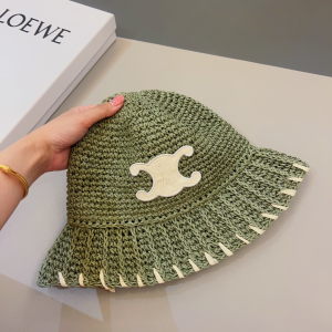 Celine Triomphe Green Raffia Bucket Hat