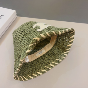 Celine Triomphe Green Raffia Bucket Hat