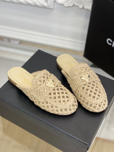 Chanel CC Heart Raffia Mules Beige