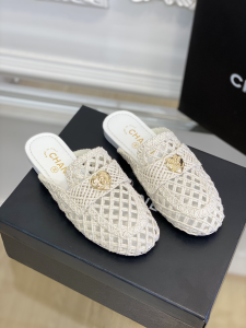 Chanel CC Heart Raffia Mules White