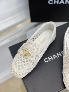 Chanel CC Raffia Loafers White