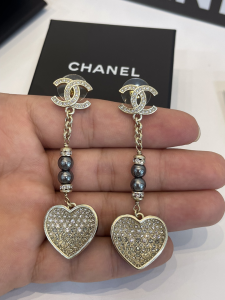 Chanel Crystal CC Pendant Heart Earrings