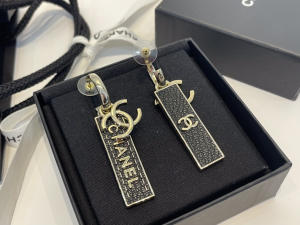 Chanel Gold CC Leather Earrings Black