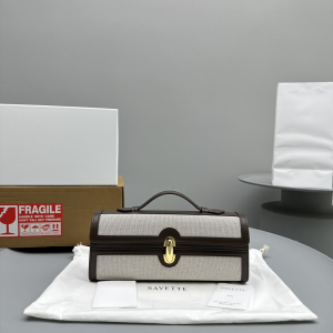 Savette Slim Symmetry Pochette Leather trimmed Canvas Tote Bag Brown Savette Slim Symmetry Pochette Leather trimmed Canvas Tote Bag Brown