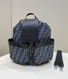 Fendi Large Drawstring Backpack Blue FF Jacquard Fabric and Brown Leather Fendi Large Drawstring Backpack Blue FF Jacquard Fabric and Brown Leather