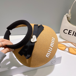 Miu Miu Heard Bow Raffia Visor Cap Hat Tan