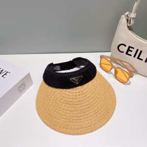 Prada Logo Raffia Visor Cap Hat Beige