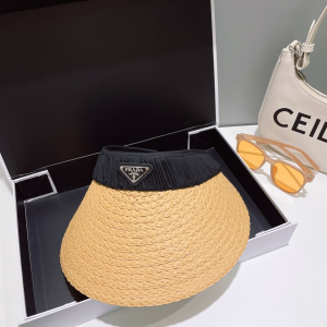 Prada Logo Raffia Visor Cap Hat Beige