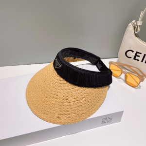 Prada Logo Raffia Visor Cap Hat Beige