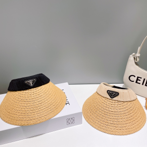 Prada Logo Raffia Visor Cap Hat Beige