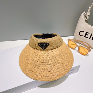 Prada Logo Raffia Visor Cap Hat Beige