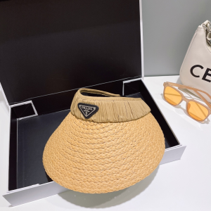 Prada Logo Raffia Visor Cap Hat Beige