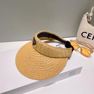 Prada Logo Raffia Visor Cap Hat Beige