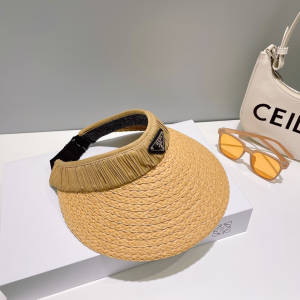 Prada Logo Raffia Visor Cap Hat Beige