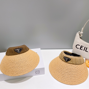 Prada Logo Raffia Visor Cap Hat Beige
