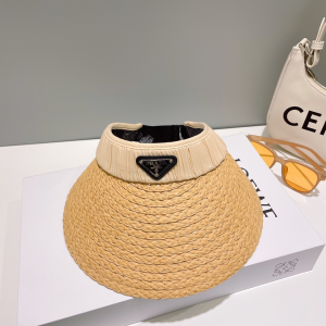 Prada Logo Raffia Visor Cap Hat Beige