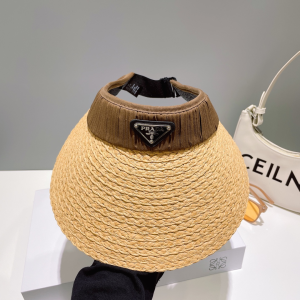 Prada Logo Raffia Visor Cap Hat Beige