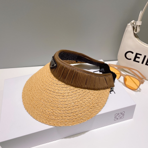 Prada Logo Raffia Visor Cap Hat Beige
