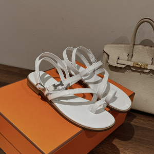 Hermes White Leather Flat Sandals