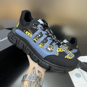Versace Trigreca Low Top Logo Detail Lace Up Sneakers Blue Black Leather and Technical Mesh Versace Trigreca Low Top Logo Detail Lace Up Sneakers Blue Black Leather and Technical Mesh