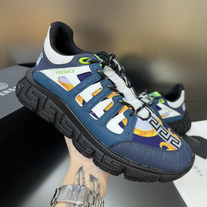Versace Trigreca Low Top Logo Detail Lace Up Sneakers Blue Leather and Technical Mesh Versace Trigreca Low Top Logo Detail Lace Up Sneakers Blue Leather and Technical Mesh