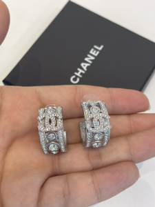 Chanel Crystal CC Earrings Silver