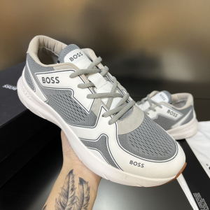 Boss Kurt Runner Low Top Trainers Sneakers Leather and Technical Gray White Boss Kurt Runner Low Top Trainers Sneakers Leather and Technical Gray White