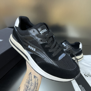 Boss Kurt Runner Low Top Trainers Sneakers Leather and Technical Mesh Black Boss Kurt Runner Low Top Trainers Sneakers Leather and Technical Mesh Black