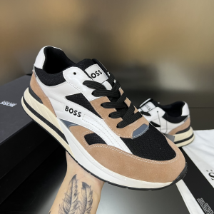 Boss Kurt Runner Low Top Trainers Sneakers Leather and Technical Mesh Black Beige White Boss Kurt Runner Low Top Trainers Sneakers Leather and Technical Mesh Black Beige White