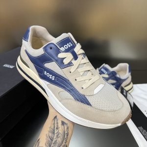Boss Kurt Runner Low Top Trainers Sneakers Leather and Technical Mesh Blue Beige White Boss Kurt Runner Low Top Trainers Sneakers Leather and Technical Mesh Blue Beige White