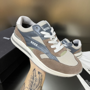 Boss Kurt Runner Low Top Trainers Sneakers Leather and Technical Mesh Gray Beige White Boss Kurt Runner Low Top Trainers Sneakers Leather and Technical Mesh Gray Beige White