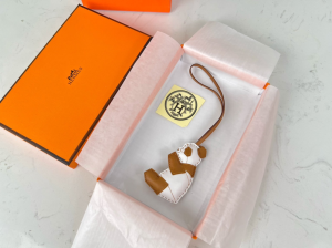 Hermes Panda Leather Bag Charm White Brown