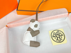 Hermes Panda Leather Bag Charm White Gray