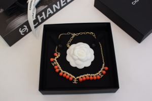 Chanel Red Pearl Chain Choker Necklace